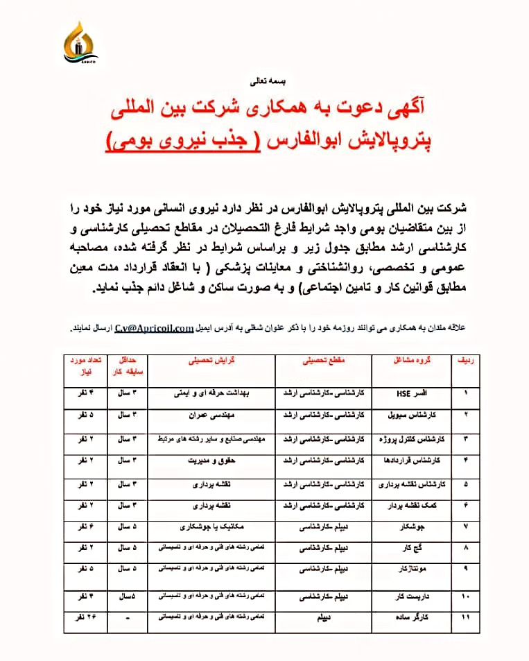 آگهی دعوت به همکاری شرکت بین المللی پتروپالایش ابوالفارس جذب نیروی بومیشرکت بین المللی پتروپالایش ابوالفارس در نظر دارد نیروی انسانی