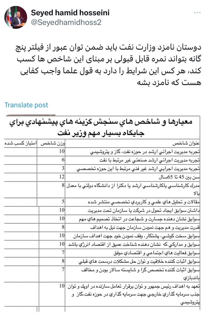 سیدحمید حسینی عضو هیئت ۲۲ نفره تعیین وزیر نفت در حساب ایکس خود خبر داد: