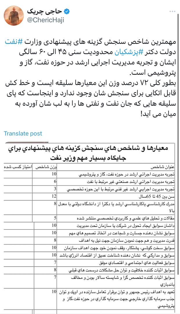 مهمترین شاخص سنجش گزینه‌های پیشنهادی وزارت نفت دولت دکتر پزشکیان