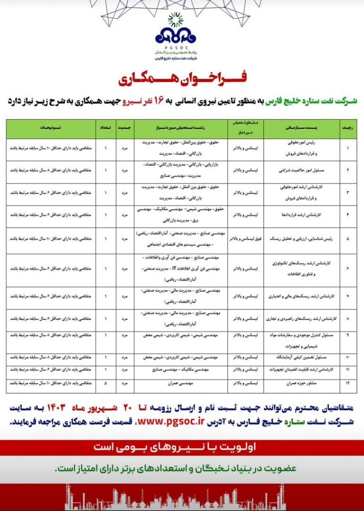 آگهی استخدام شرکت نفت ستاره خلیج فارس