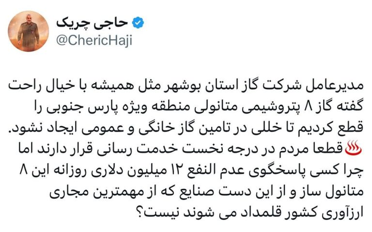 مدیرعامل شرکت گاز استان بوشهر مثل همیشه با خیال راحت گفته گاز ۸ پتروشیمی متانولی منطقه ویژه پارس جنوبی را قطع کردیم