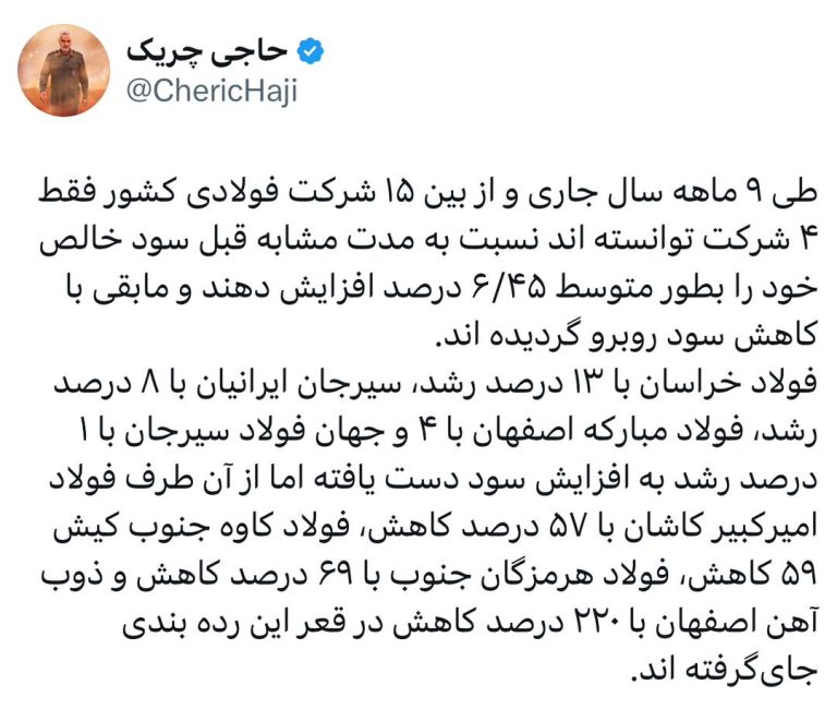 طی ۹ ماهه سال جاری و از بین ۱۵ شرکت فولادی کشور فقط ۴ شرکت توانسته‌اند