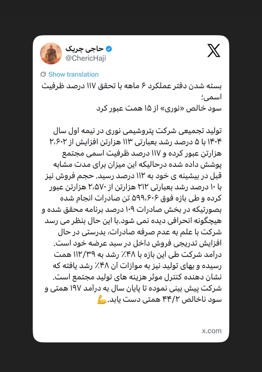 سود خالص «نوری» از ۱۵ همت عبور کرد سود خالص «نوری» از ۱۵ همت عبور کرد