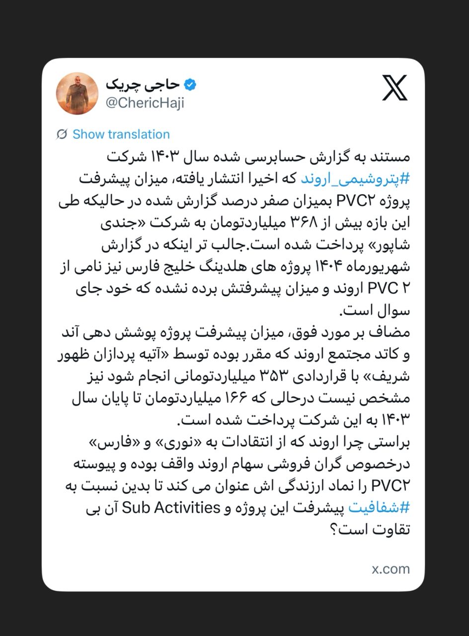 میزان پیشرفت پروژه PVC۲ بمیزان صفر درصد گزارش شده