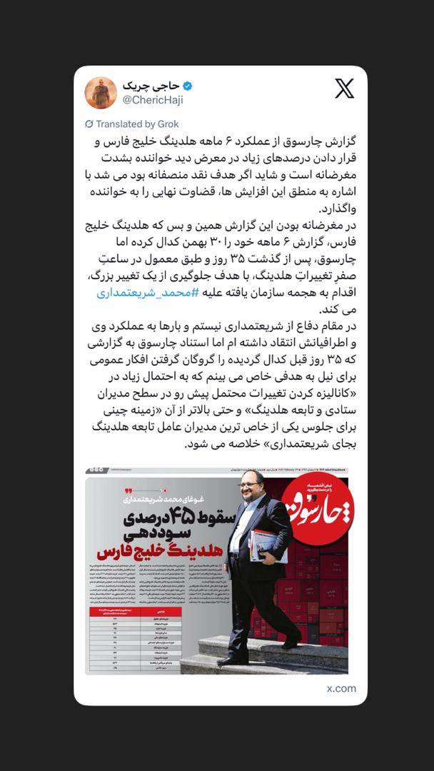 گزارش چارسوق از عملکرد ۶ ماهه هلدینگ خلیج فارس