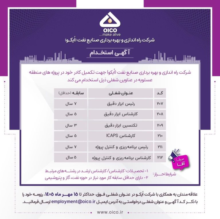 شرکت اُیکو برای پروژه‌های نفت، گاز و پتروشیمی نیرو جذب می‌کند