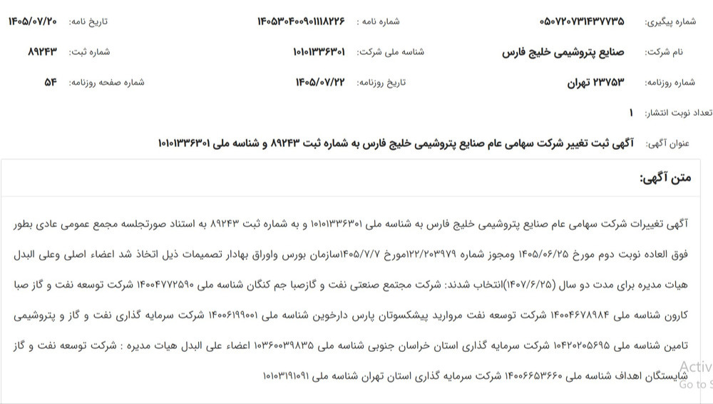 صورتجلسه مجمع عمومی عادی به طور فوق العاده شرکت صنایع پتروشیمی خلیج فارس در تاریخ ۲۵ شهریورماه ۱۴۰۵، پس از صدور مجوز سازمان بورس، در مرجع ثبت شرکت ها به ثبت رسید. با ثبت این صورتجلسه، ترکیب پنج عضو اصلی و دو عضو علی البدل هیئت مدیره بزرگ ترین هلدینگ پتروشیمی کشور برای دوره دو ساله منتهی به ۲۵ شهریور ۱۴۰۷ رسمیت یافت؛ اتفاقی مهم که می تواند زمینه تعیین تکلیف نمایندگان حقوقی و آرایش مدیریتی این مجموعه را فراهم کند.